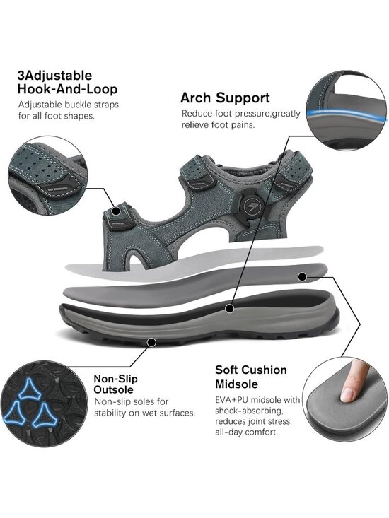 Men\'s Grey Leather Athletic Sandals Sport Outdoor Hiking Sandals Open Toe
